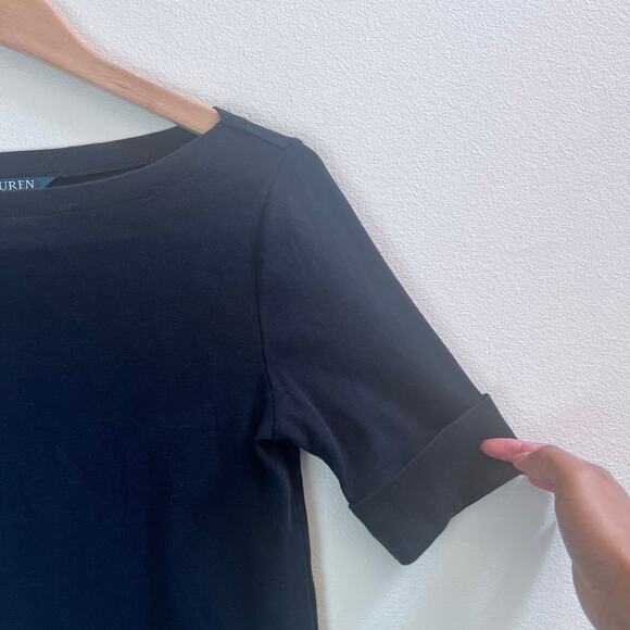 Ralph Lauren Black Boatneck Cuffed Elbow Short Sleeve Top Women's Size Small - Picture 3 of 8